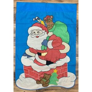 Flag Christmas Santa Claus Chimney Bear Outdoor Double Side Nylon 28" x 39" Vtg